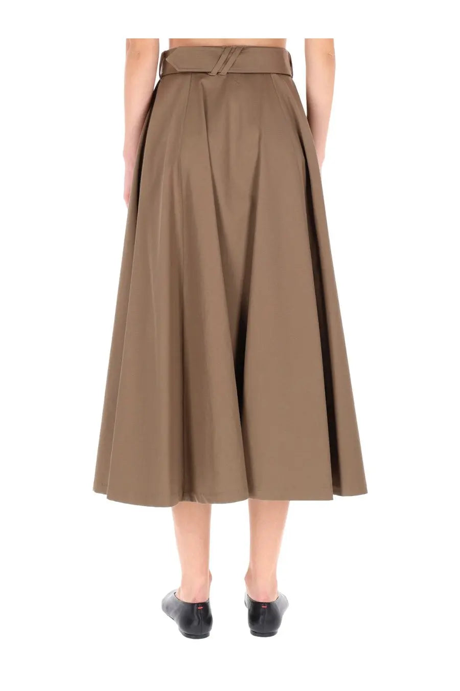 Burberry women’s Brenda midi skirt in brown taupe smooth structured fabric with matching double strap belt at waist