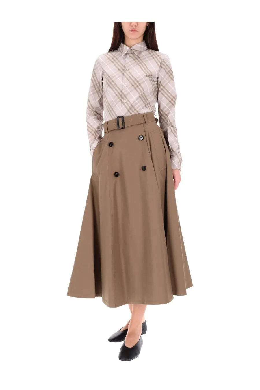 Tan Burberry women’s Brenda midi skirt with black buttons and matching belt in a double-breasted design