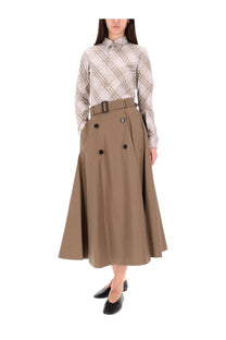 Tan Burberry women’s Brenda midi skirt with black buttons and matching belt in a double-breasted design