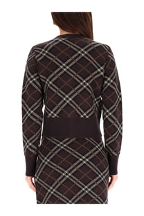 Burberry women’s Gillian brown dark brown and cream plaid knit cardigan with ribbed waistband front view