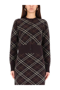 Burberry women’s cardigan Gillian in dark brown and cream plaid knit with ribbed waistband