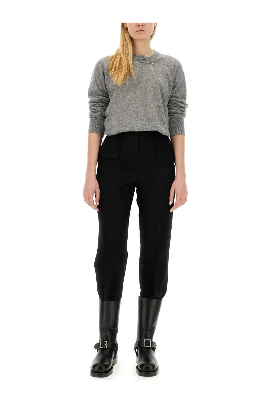 Black high-waisted tapered trousers with a sleek tailored fit featured with burberry women’s cashmere sweater grey