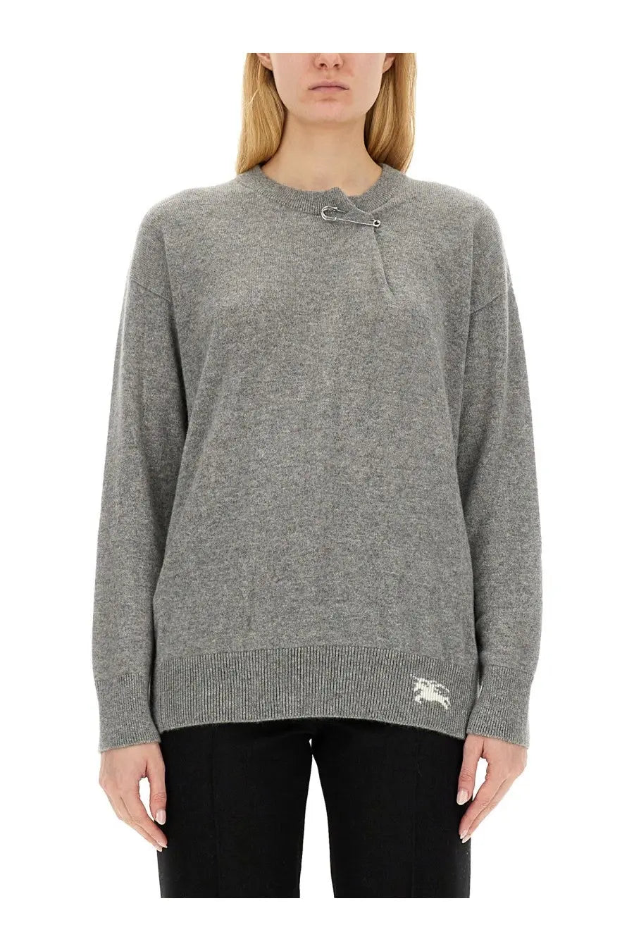 Burberry women’s grey cashmere sweater with silver toggle closure and embroidered logo on lower left hem