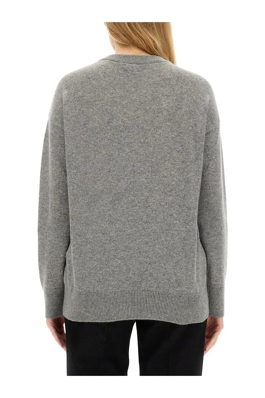 Burberry women’s cashmere sweater in soft heather gray knit with relaxed fit and ribbed cuffs