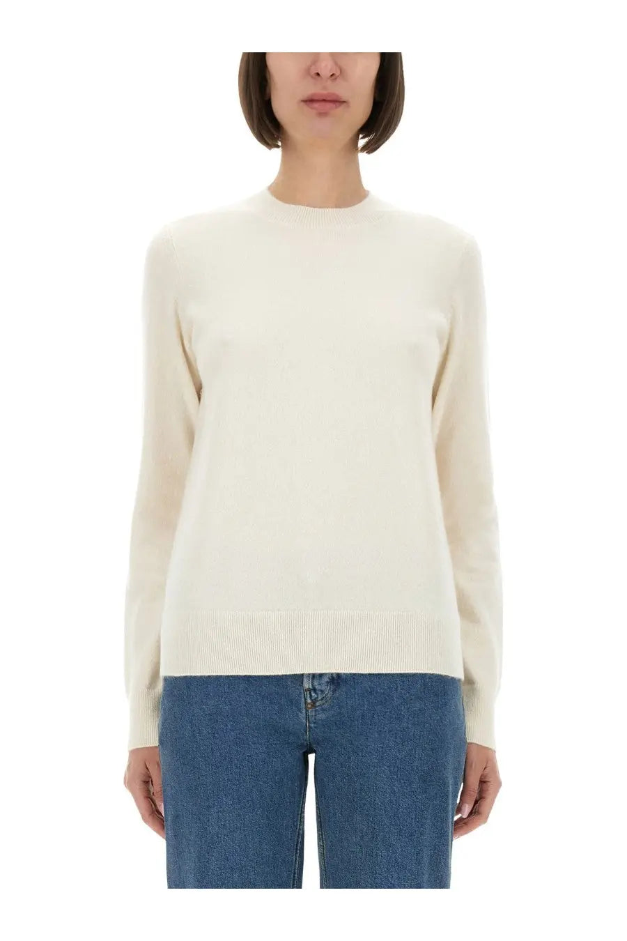 Burberry women’s cream-colored long-sleeved cashmere sweater with ribbed crew neckline and hem