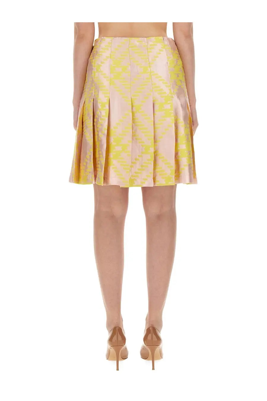 Burberry women’s pleated skirt in vibrant yellow and soft pink geometric pattern made from shiny satin fabric
