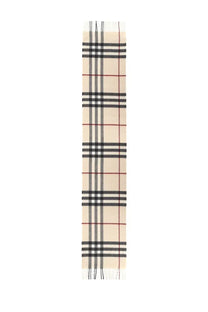 Beige burberry women’s check scarf with black and red stripes and fringed ends in multicolor design