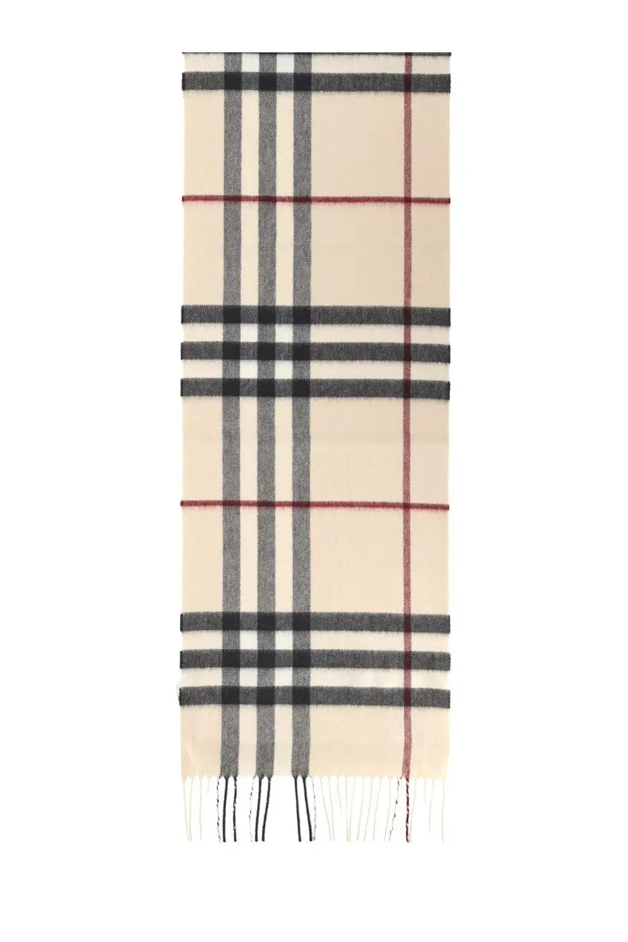 Beige Burberry women’s check scarf with black white and red stripes and fringed ends in multicolor design
