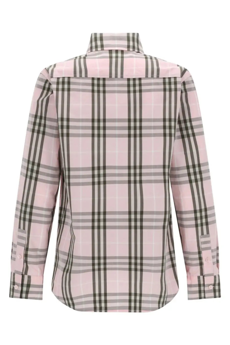 Burberry women’s check shirt in blue featuring a pink and gray plaid long-sleeved button-up design with a classic collar