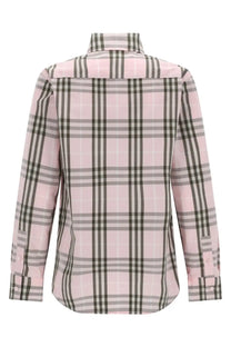 Burberry women’s check shirt in blue featuring a pink and gray plaid long-sleeved button-up design with a classic collar