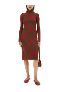 Burberry women’s fitted long-sleeved turtleneck dress in red and olive green plaid wool blend knit fabric