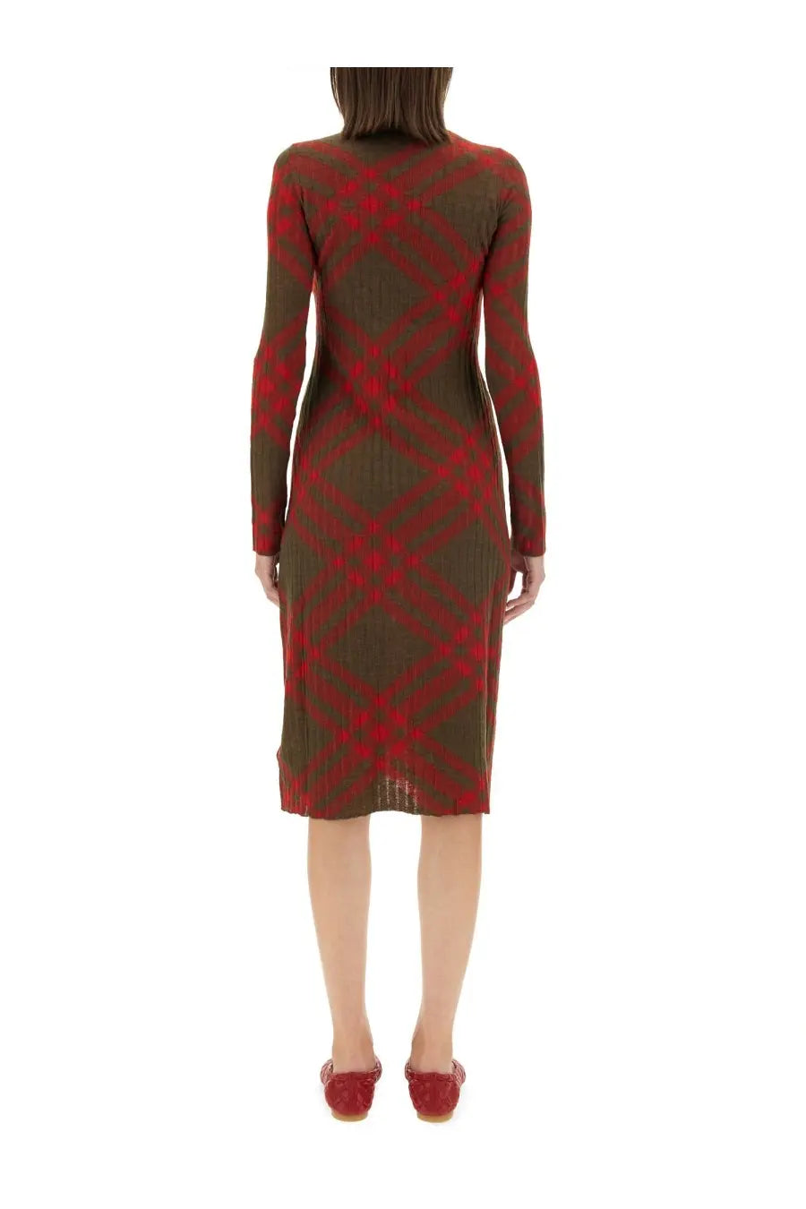 Burberry women’s fitted long-sleeved check wool blend dress in bold red and olive green plaid with ribbed texture