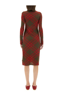 Burberry women’s fitted long-sleeved check wool blend dress in bold red and olive green plaid with ribbed texture