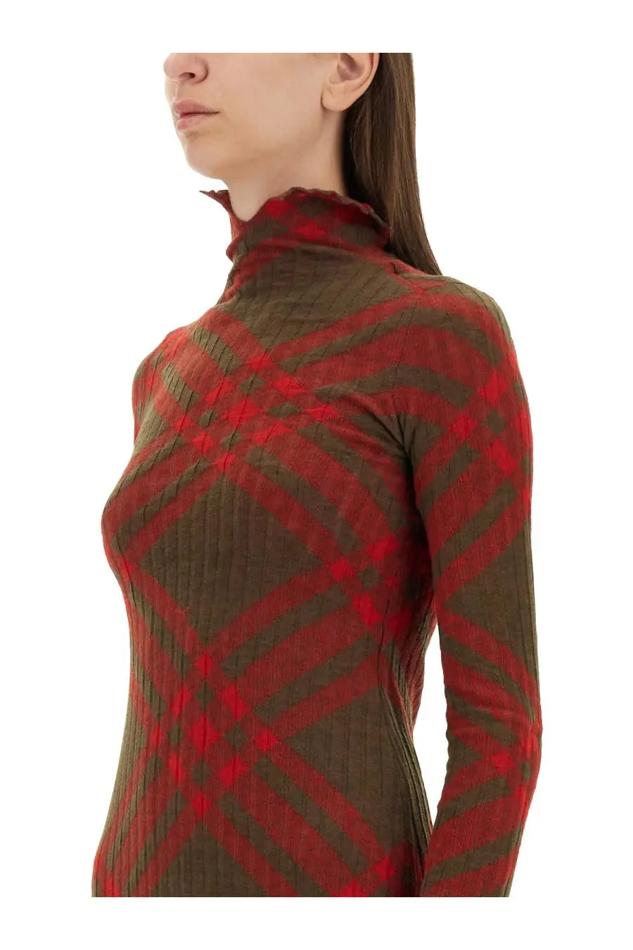 Burberry women’s check wool blend dress featuring a form-fitting red and olive green plaid turtleneck top