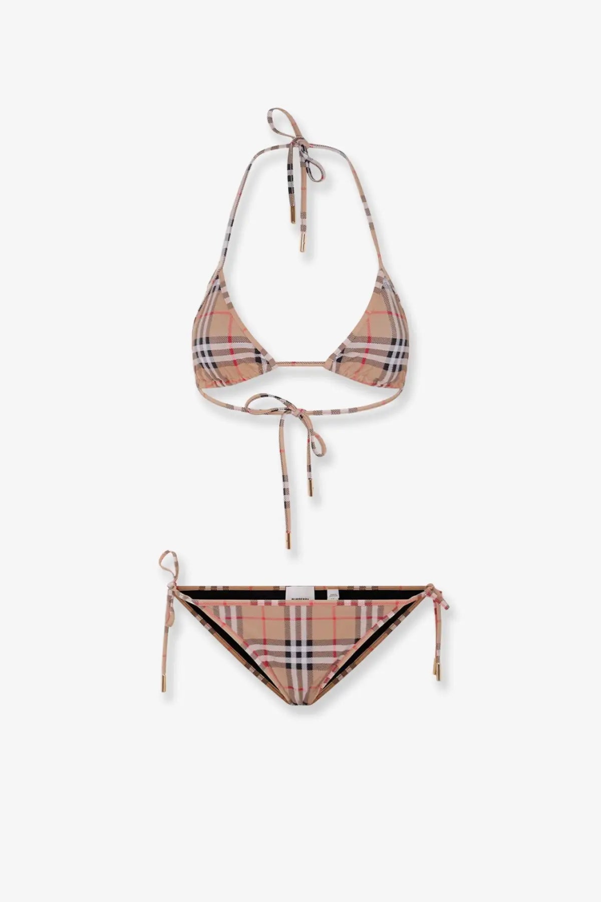 Burberry women’s cobb bikini beige with black and red plaid pattern and adjustable tie closures