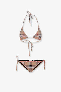Burberry women’s cobb bikini beige with black and red plaid pattern and adjustable tie closures