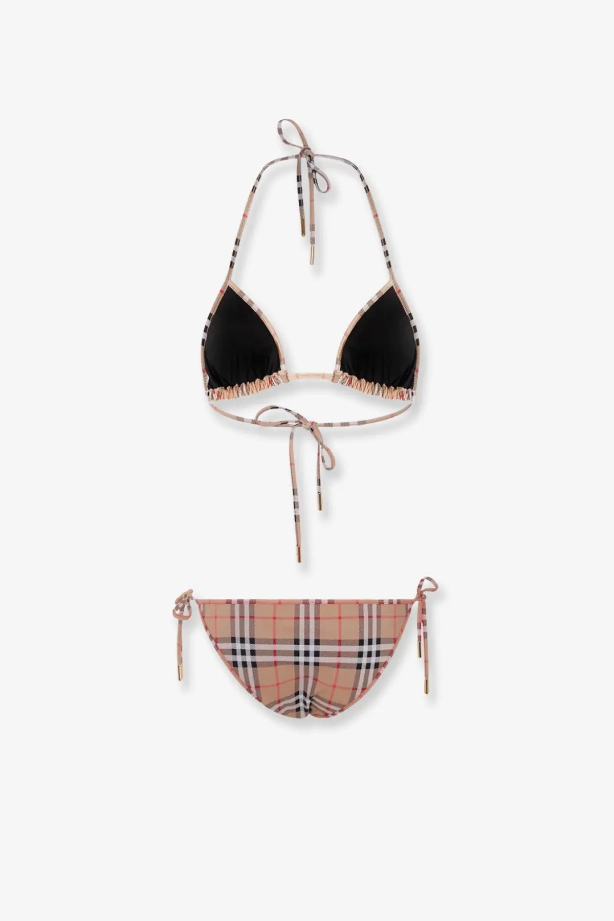 Burberry women’s cobb bikini in black triangle halter top with beige and black checkered trim and matching briefs