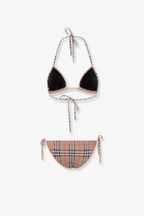 Burberry women’s cobb bikini in black triangle halter top with beige and black checkered trim and matching briefs