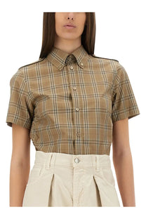 Burberry women’s cotton check shirt in beige and brown plaid with short sleeves and classic collar design