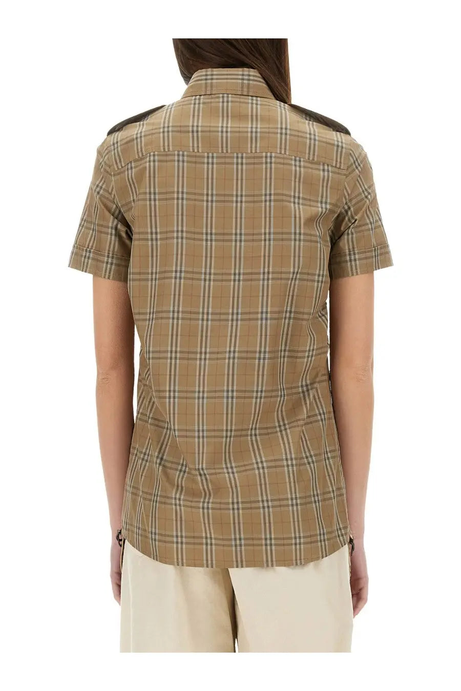 Burberry women’s cotton beige plaid short-sleeved shirt with dark brown shoulder patches and check pattern