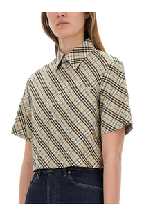 Burberry women’s multicolor cropped shirt in beige black and light green plaid with short sleeves and classic collar