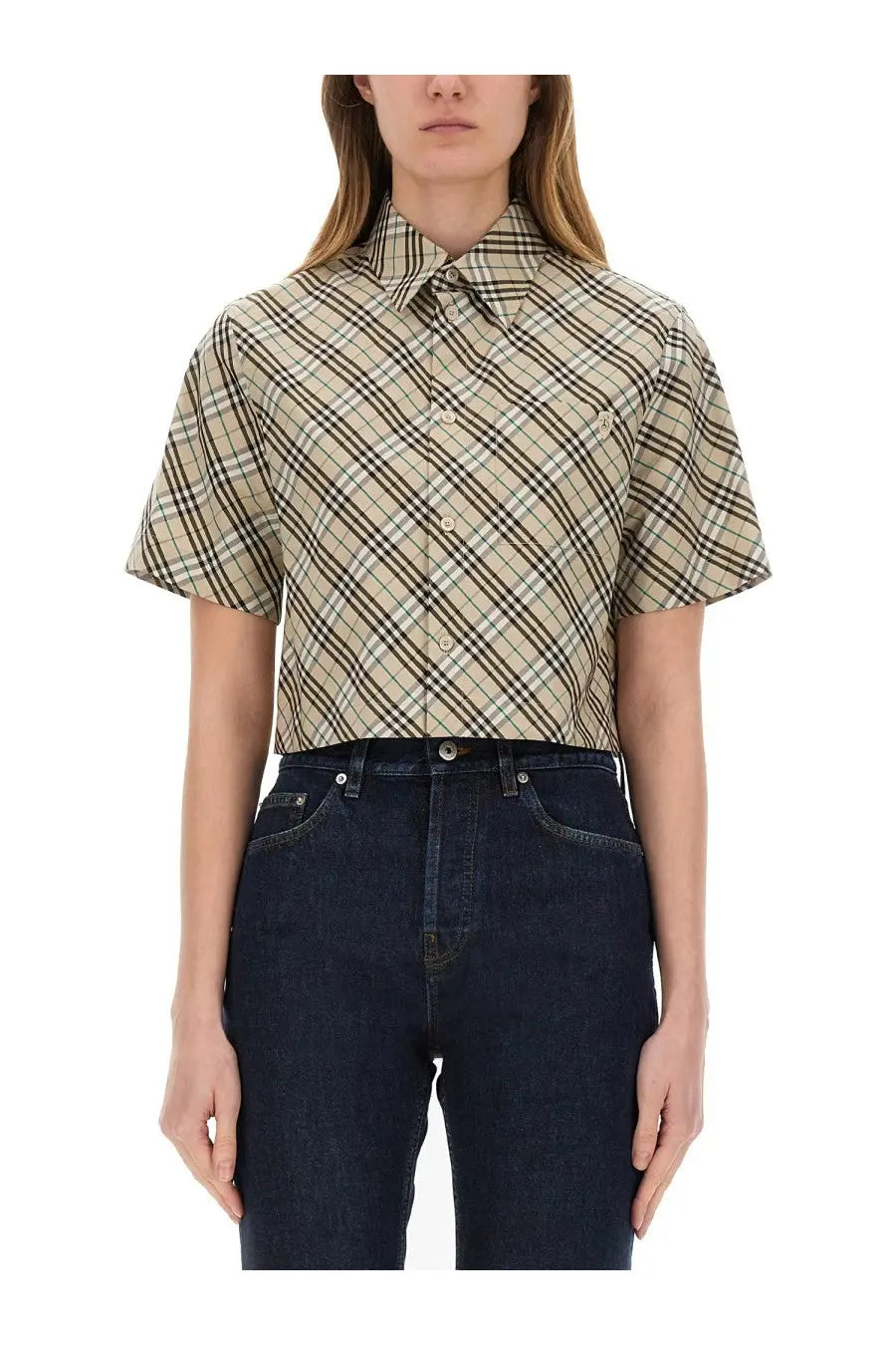Burberry women’s cropped shirt in beige and black plaid with short sleeves and button-up front design