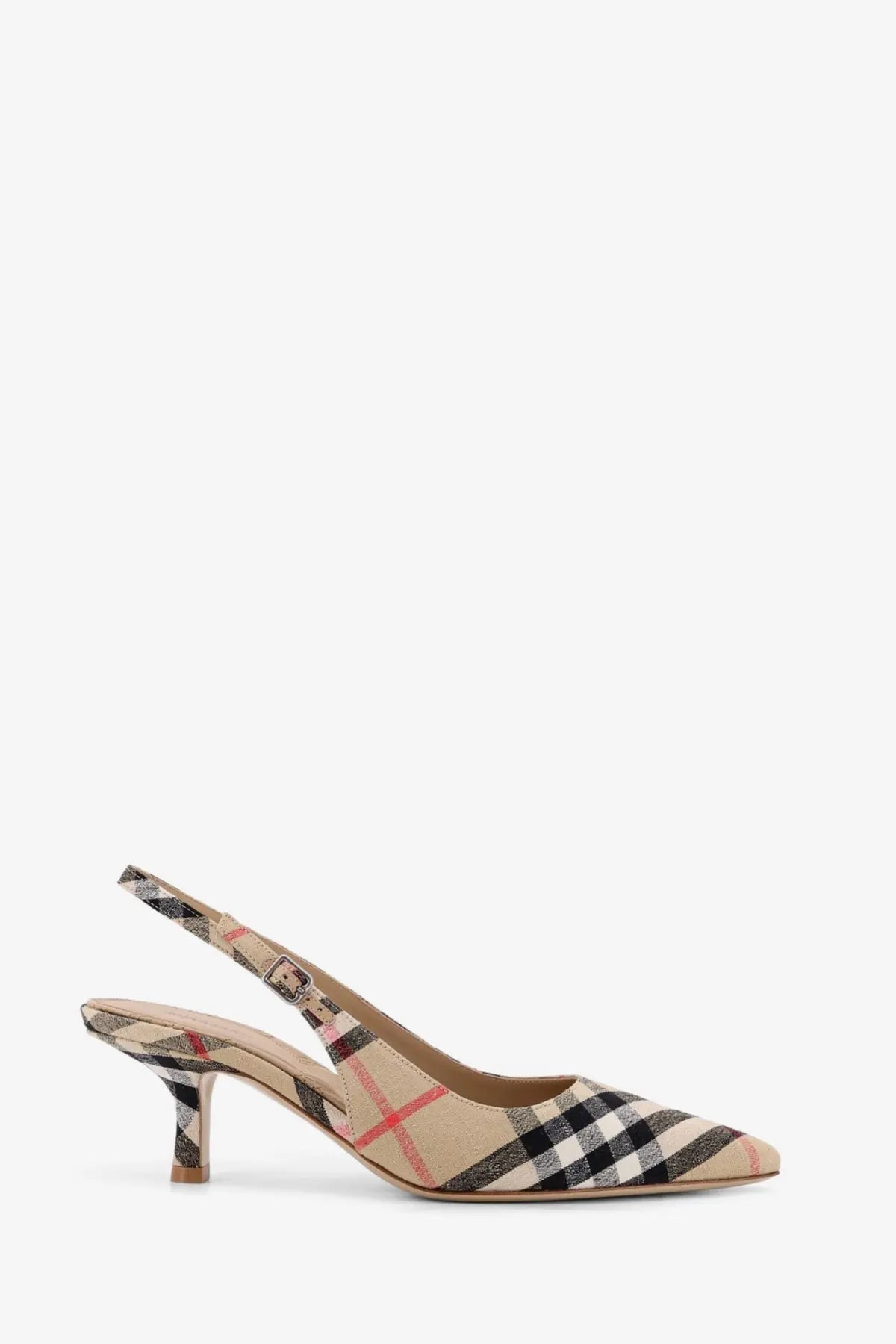 Beige black and red checkered Burberry women’s Dame Écolleté slingback pump with slender heel