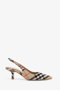 Beige black and red checkered Burberry women’s Dame Écolleté slingback pump with slender heel
