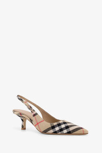 Beige black and red checkered canvas slingback pump with low heel from burberry women’s dame écolleté collection