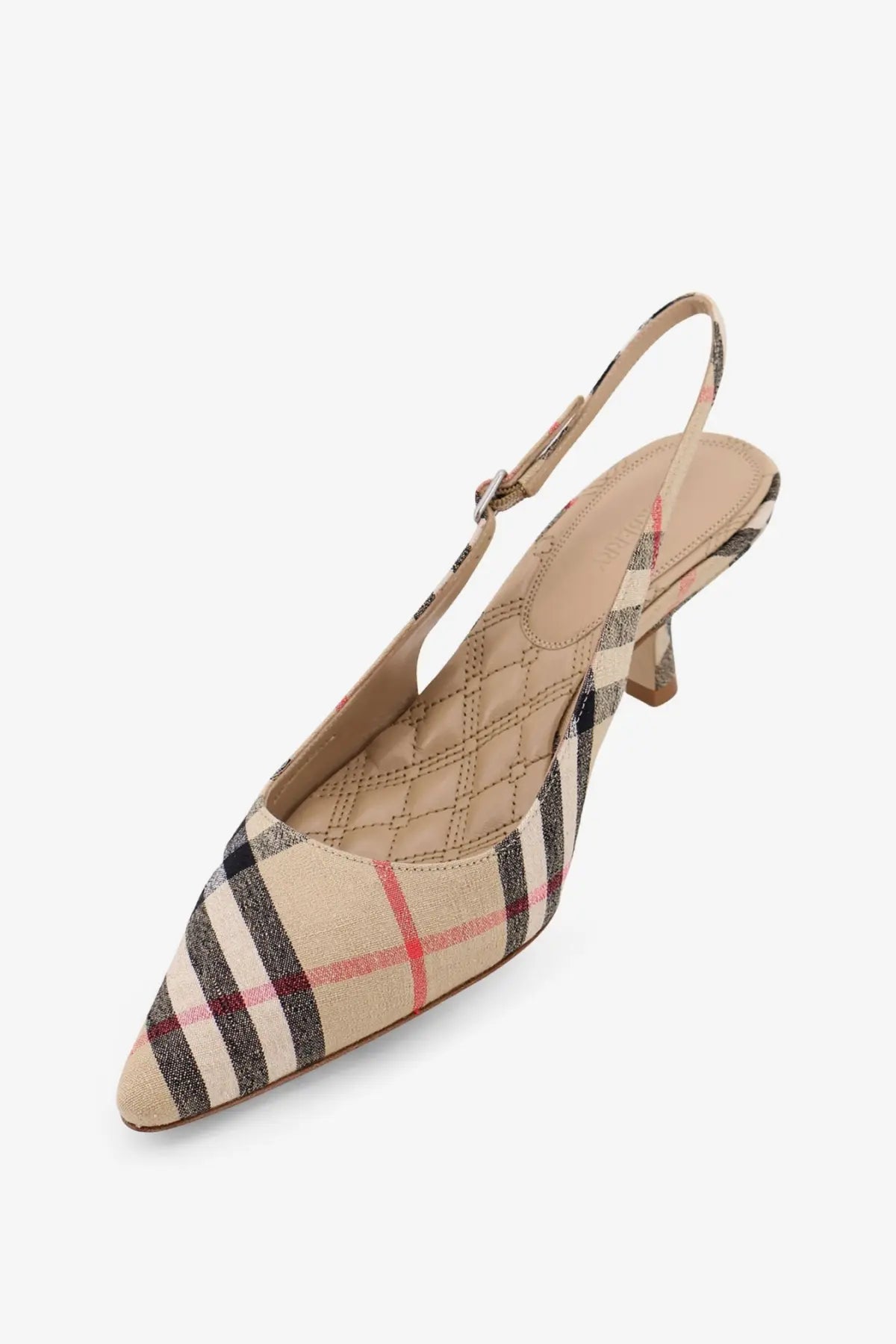 Burberry women’s dame écolleté beige plaid slingback pump with quilted interior in beige black and red colors
