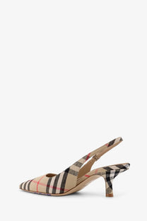Burberry women’s dame écarlote beige slingback heel with beige black and red plaid classic burberry check design