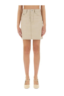 Beige high-waisted Burberry women’s denim mini skirt with front zipper and button closure