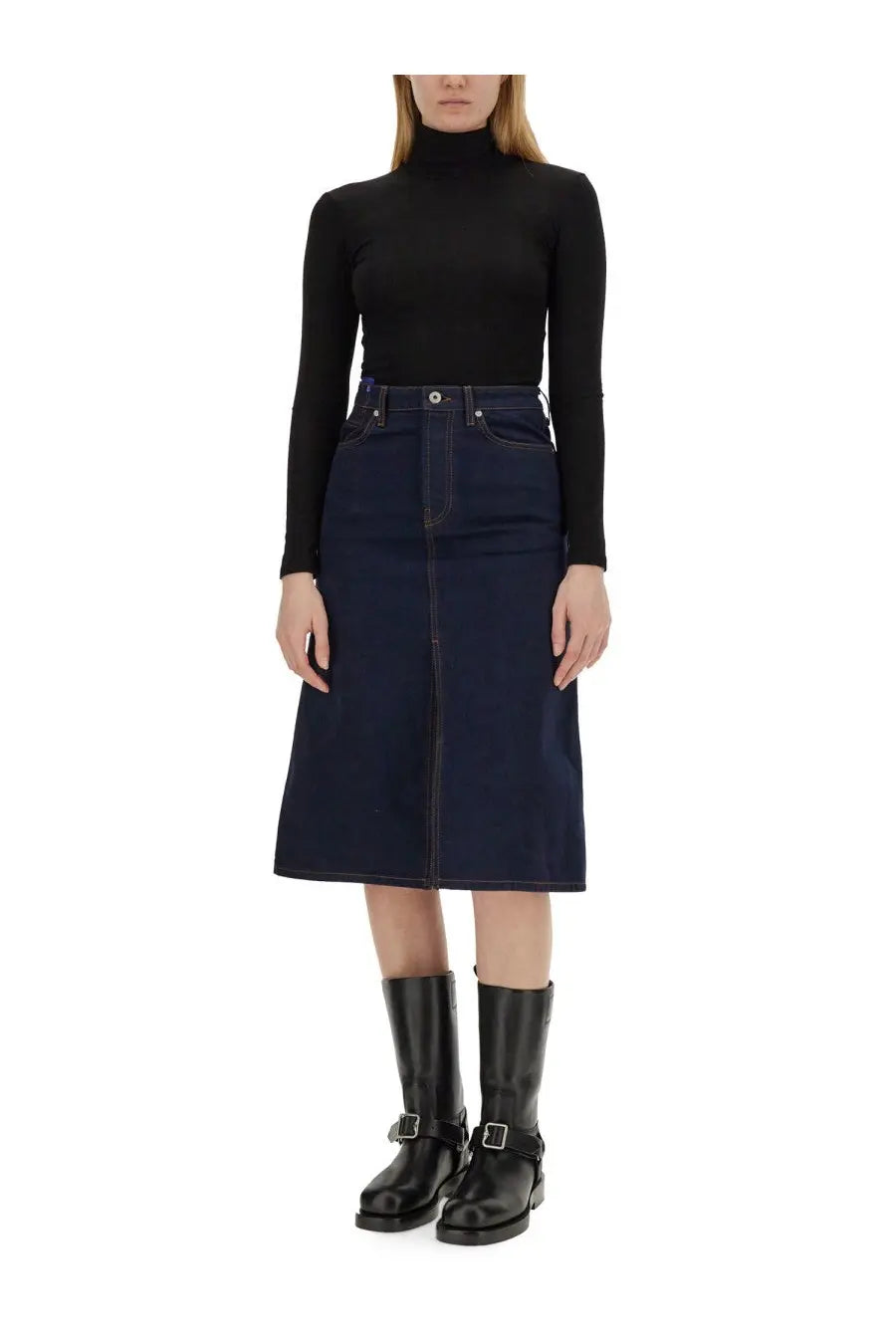 Burberry women’s dark indigo denim midi skirt with a straight cut and front seam detail in blue