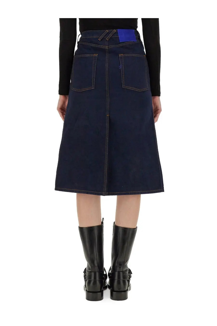 Burberry women’s dark blue denim midi skirt with bright blue waistband patch and visible stitching details