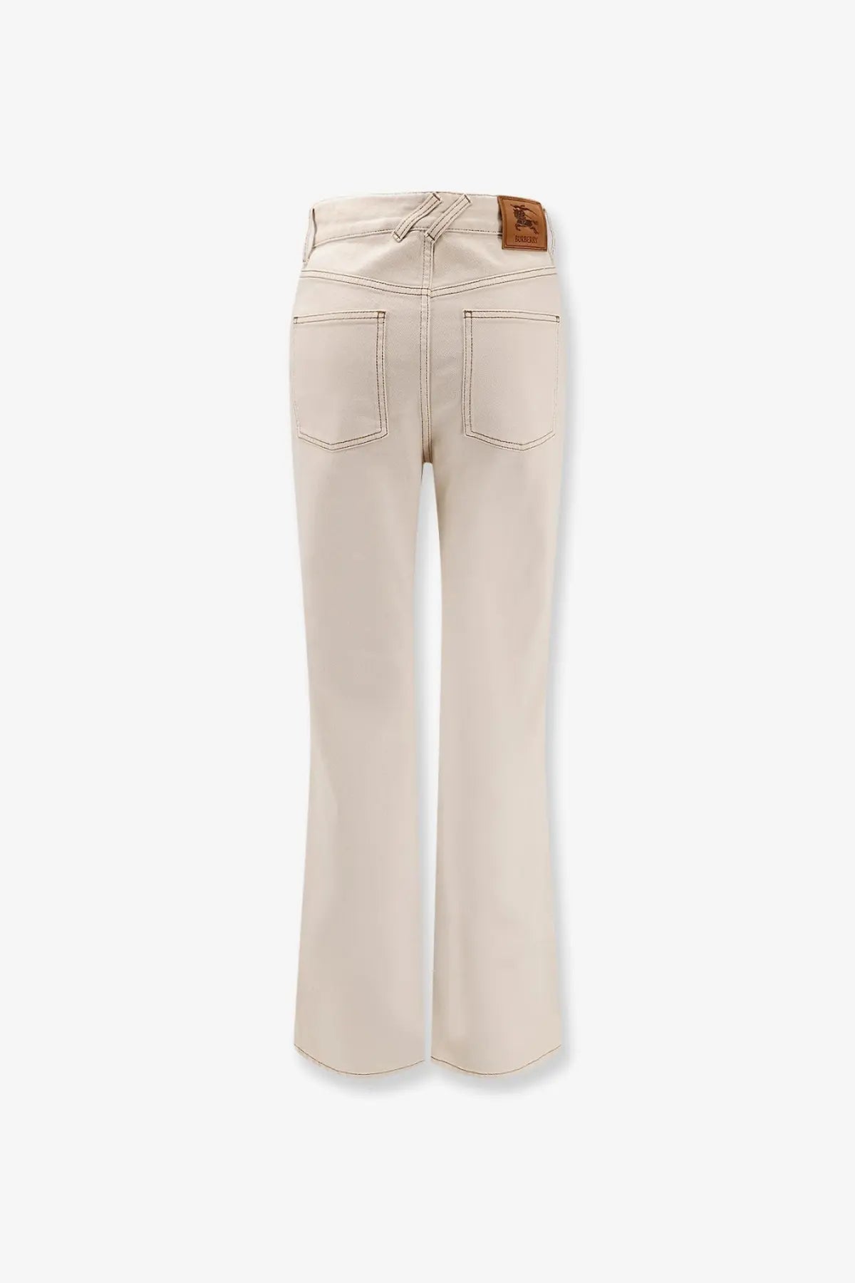 Burberry women’s white denim trousers with beige wide-leg cut, subtle texture, and contrasting stitching details