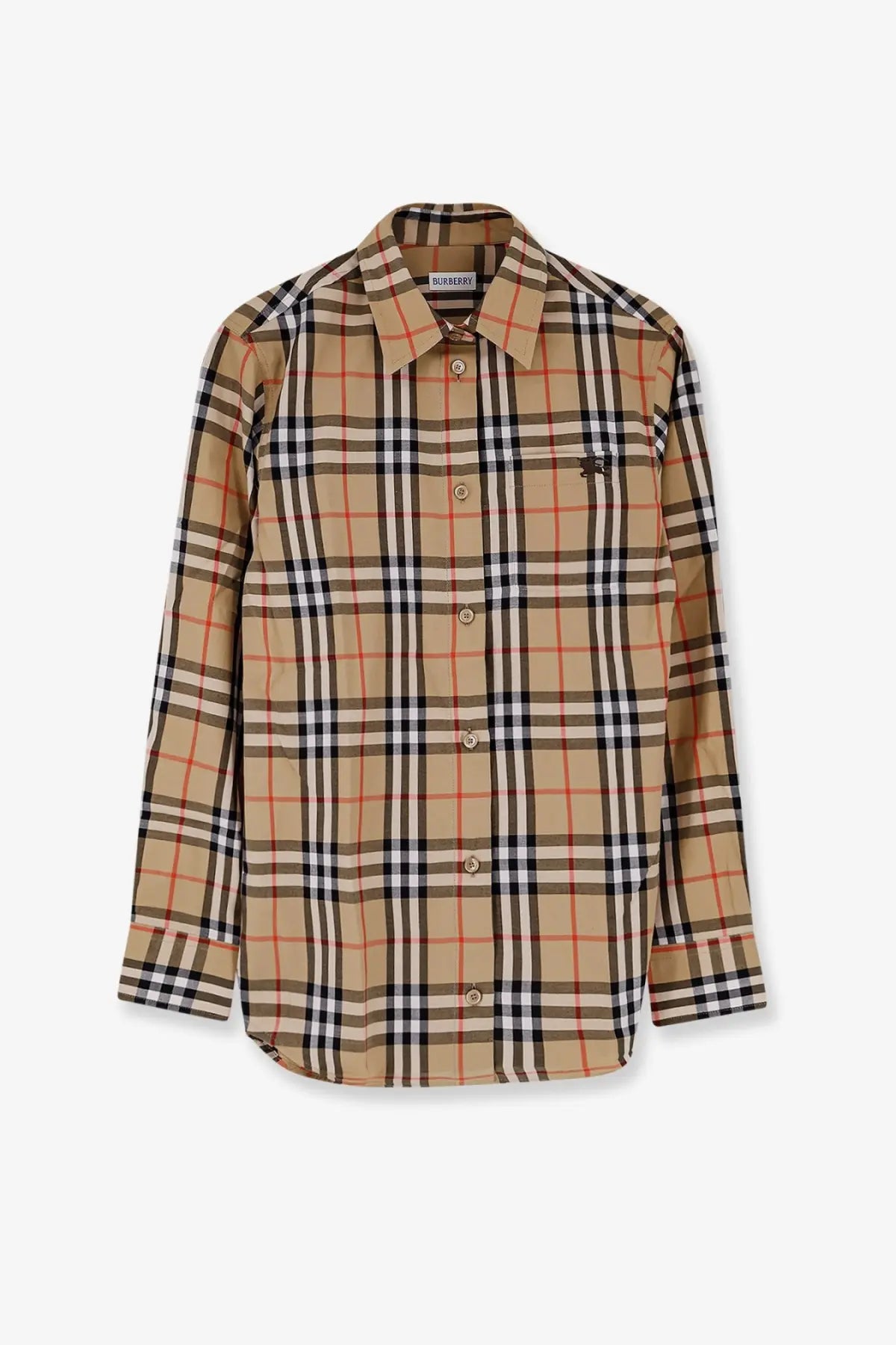 Burberry women’s emma cotton shirt in beige with black and red plaid and classic burberry logo on the chest