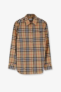 Burberry women’s emma cotton shirt in beige with black and red plaid and classic burberry logo on the chest