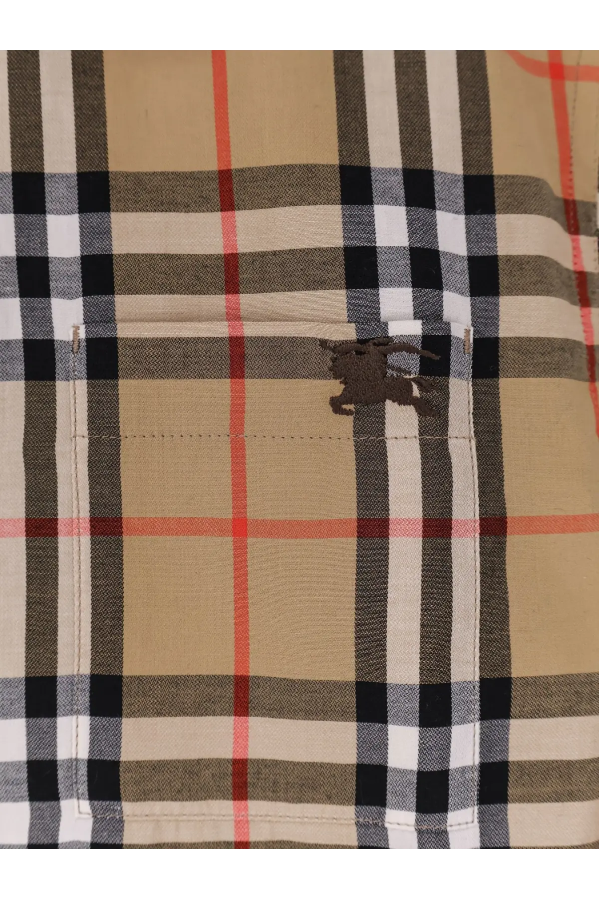 Burberry women’s emma cotton shirt in beige black white and red plaid with brown embroidered horse logo on chest pocket