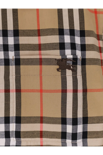 Burberry women’s emma cotton shirt in beige black white and red plaid with brown embroidered horse logo on chest pocket