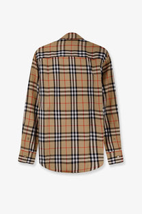 Burberry women’s Emma cotton shirt beige plaid long-sleeved with classic button cuffs in beige black white and red