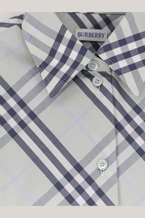 Burberry women’s emma cotton shirt in navy and gray checkered pattern with silver buttons