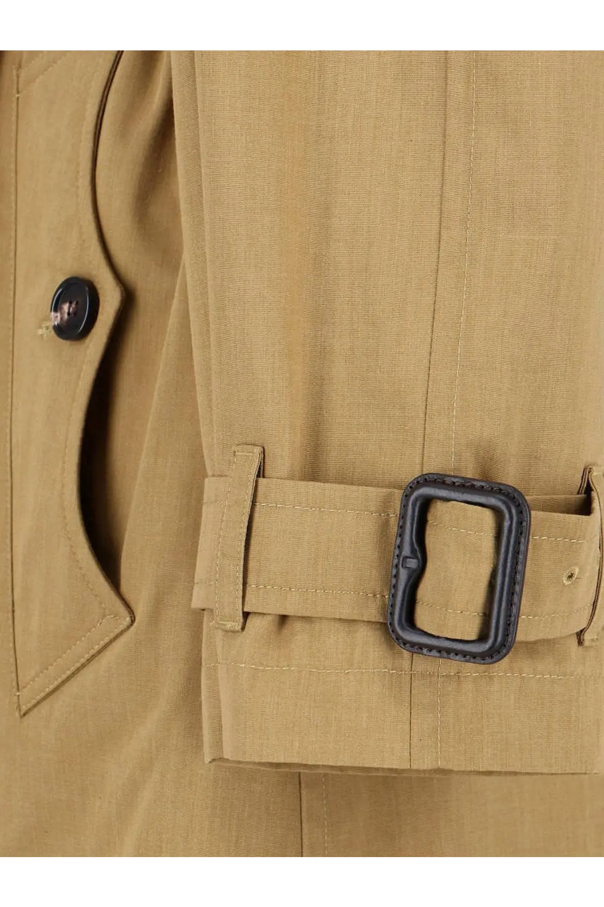 Tan trench coat belt with black leather buckle on burberry womens fitzrovia trench brown back side view