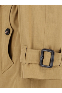 Tan trench coat belt with black leather buckle on burberry womens fitzrovia trench brown back side view