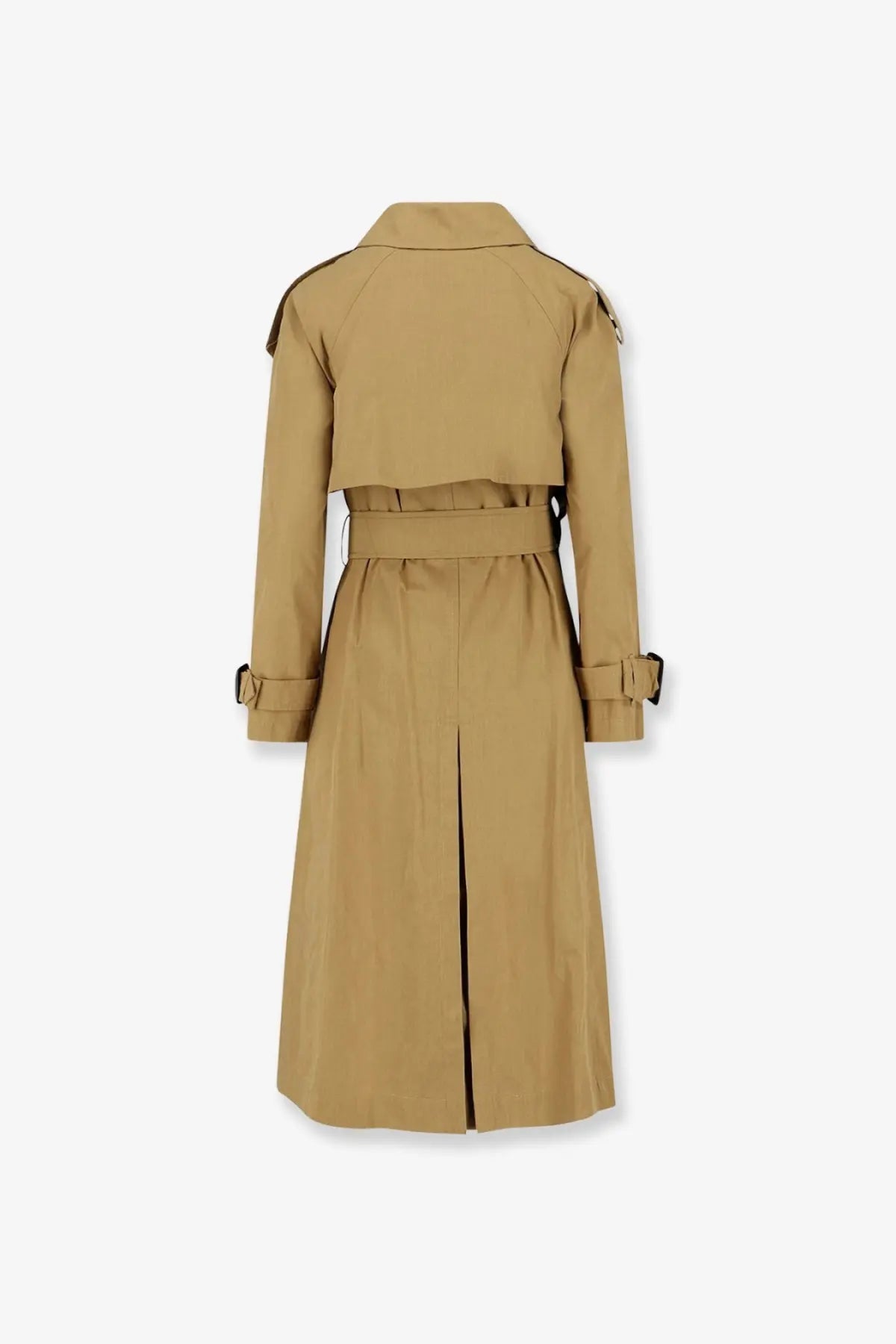 Burberry women’s Fitzrovia trench coat in tan with belted waist structured shoulders and black-trimmed cuffs