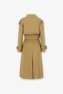 Burberry women’s Fitzrovia trench coat in tan with belted waist structured shoulders and black-trimmed cuffs