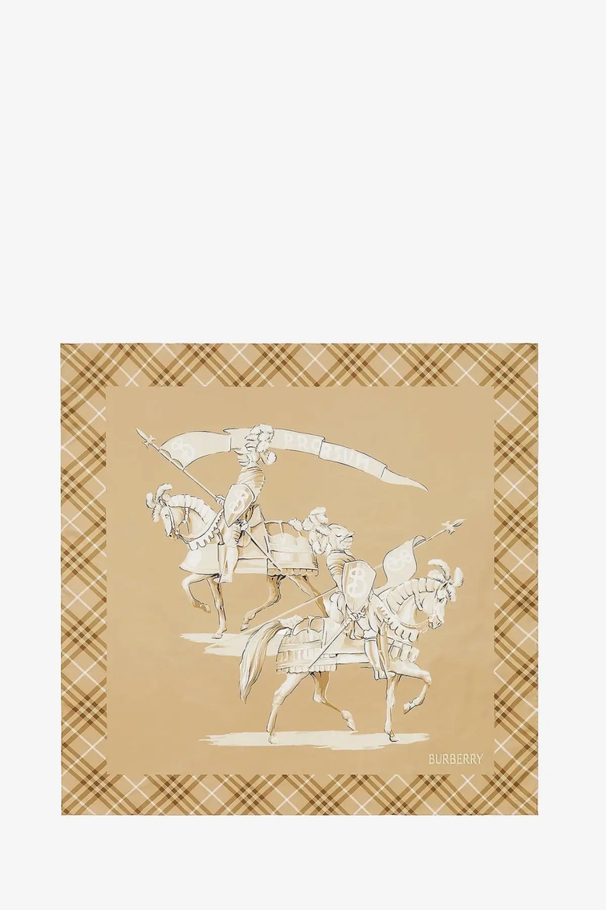 Beige Burberry women’s foulard in seta featuring a cream-colored knight and horse on a tan plaid border