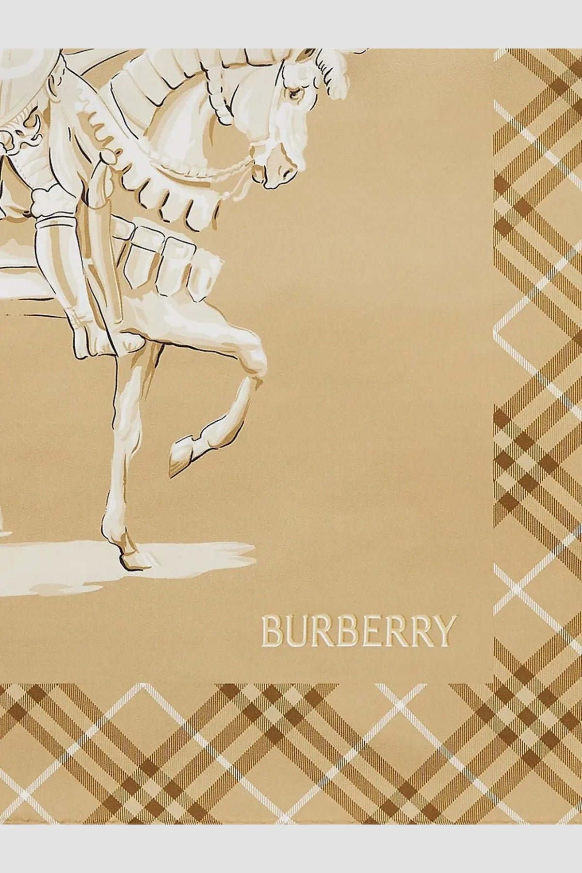 Beige Burberry women’s foulard in seta featuring a stylized horse illustration and classic plaid border