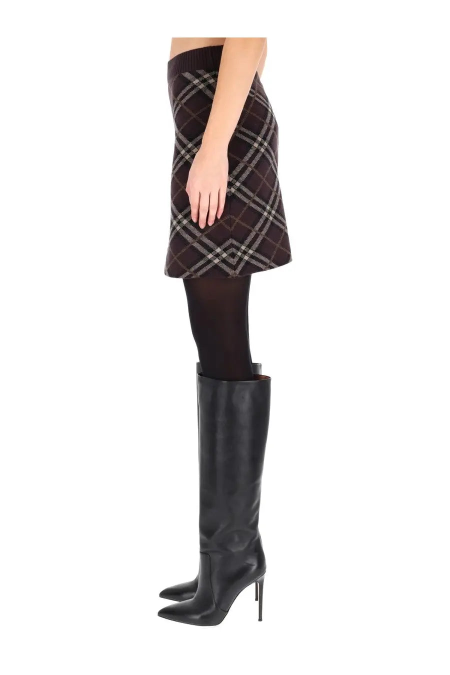 Burberry women’s Ginny skirt brown plaid mini skirt with fitted waist flared hem and white gray checkered pattern