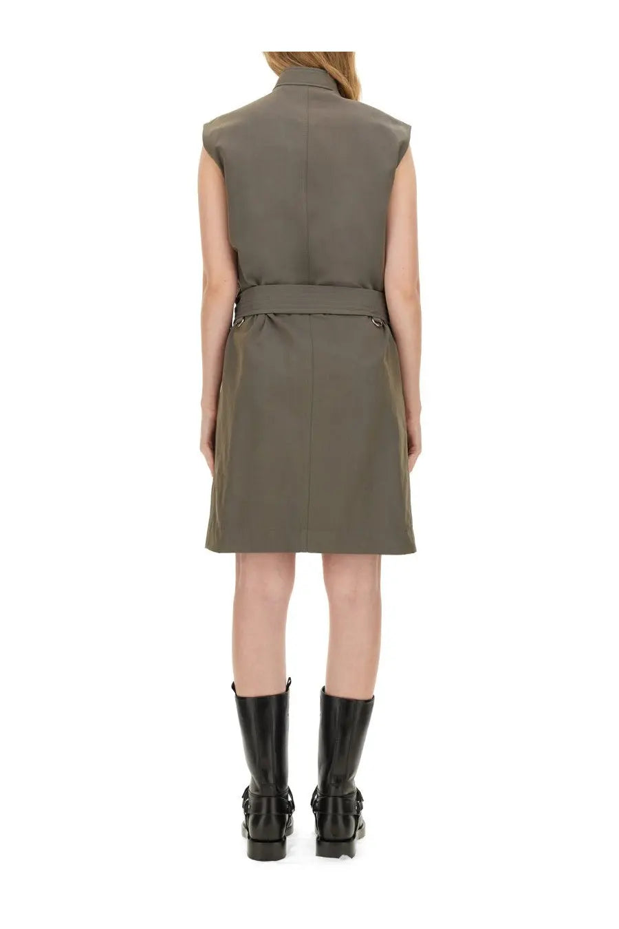 Burberry women’s olive green sleeveless linen trench dress with belted waist and structured shoulders
