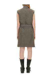 Burberry women’s olive green sleeveless linen trench dress with belted waist and structured shoulders